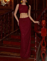 Damen Ärmelloses Maxi-Kleid mit Rundhalsausschnitt und Glitzeroberfläche mit offenem Rücken – Weinrot