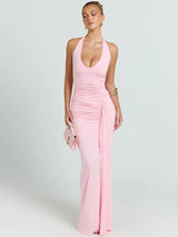 Damen Ärmelloses Maxi-Kleid mit tiefem Halter-V-Ausschnitt und Trägern mit Raffungen und offenem Rücken – Rosa