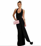 Damen Ärmelloses Maxi-Kleid mit tiefem Halter-V-Ausschnitt und Trägern mit Raffungen und offenem Rücken – Schwarz