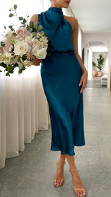 Damen Ärmelloses Midikleid mit Hohem Kragen und Drapierung in Satinoptik – Blau