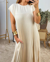 Damen Ärmelloses Plissee-Maxikleid mit Rundhals und Seitentasche – Beige
