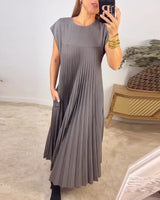 Damen Ärmelloses Plissee-Maxikleid mit Rundhals und Seitentasche – Grau