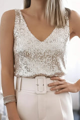 Damen Ärmelloses Top mit V-Ausschnitt und Paillettenbesatz – Beige