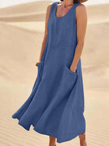 Damen Ärmelloses Midi-Kleid mit Rundhalsausschnitt und Fronttaschen – Blau