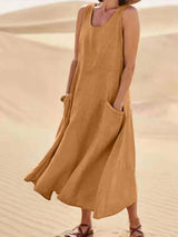Damen Ärmelloses Midi-Kleid mit Rundhalsausschnitt und Fronttaschen – Braun