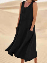 Damen Ärmelloses Midi-Kleid mit Rundhalsausschnitt und Fronttaschen – Schwarz