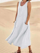 Damen Ärmelloses Midi-Kleid mit Rundhalsausschnitt und Fronttaschen – Weiß