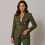 Damen Anzug Set Zweireihig Slim Fit Blazer & Hose – Armeegrün
