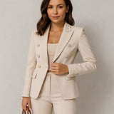 Damen Anzug Set Zweireihig Slim Fit Blazer & Hose – Beige