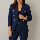 Damen Anzug Set Zweireihig Slim Fit Blazer & Hose – Blau