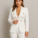 Damen Anzug Set Zweireihig Slim Fit Blazer & Hose – Weiß