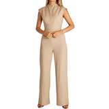 Damen Ärmelloser Jumpsuit mit Weitem Bein – Beige