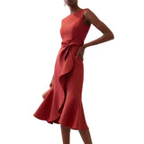 Damen Ärmelloses Midikleid mit Asymmetrischem Taillendetail und Ausgestelltem Saum – Rot