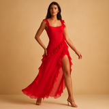 Damen Asymmetrisches Kleid mit Rüschenbesatz und eckigem Ausschnitt – Rot