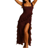 Damen Asymmetrisches Kleid mit Rüschenbesatz und eckigem Ausschnitt – Dunkelrot