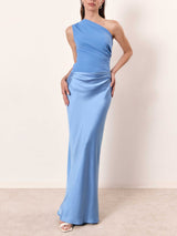 Damen Asymmetrisches Maxikleid mit Einschulterträger und Drapiertem Oberteil und Hüftraffung – Blau