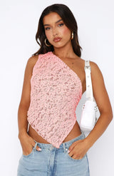 Damen Asymmetrisches Schulter-Top mit Spitzenmuster und diagonalem Saum – Rosa