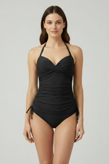 Damen Badeanzug mit Neckholder-Trägern und seitlicher Raffung – Schwarz
