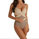 Damen-Badeanzug mit Rippenstruktur, Cut-Out-Details und Wickel-Taille – Beige