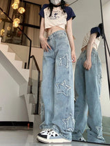 Damen Baggy-Jeans mit Sternendetails und hoher Taille – Himmelblau