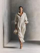 Damen Beige Maxikleid mit Langärmeln und Kragen – Beige