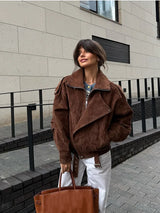 Damen Bikerjacke mit übergroßem Reverskragen und diagonalem Reißverschluss – Braun