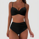 Damen-Bikini mit gekreuztem Oberteil und hoch geschnittener Hose mit Raffungen – Schwarz