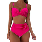 Damen-Bikini mit gekreuztem Oberteil und hoch geschnittener Hose mit Raffungen – Rosa