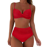 Damen-Bikini mit gekreuztem Oberteil und hoch geschnittener Hose mit Raffungen – Rot