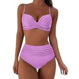 Damen-Bikini mit gekreuztem Oberteil und hoch geschnittener Hose mit Raffungen – Lila