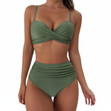 Damen-Bikini mit gekreuztem Oberteil und hoch geschnittener Hose mit Raffungen – Grün