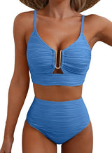 Damen-Bikini mit strukturierter Oberfläche und U-förmigem Metallelement – Blau