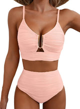 Damen-Bikini mit strukturierter Oberfläche und U-förmigem Metallelement – Babyrosa