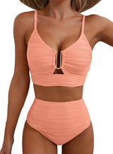 Damen-Bikini mit strukturierter Oberfläche und U-förmigem Metallelement – Apricot Rosa