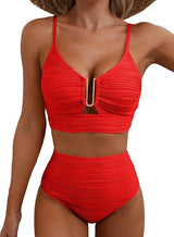 Damen-Bikini mit strukturierter Oberfläche und U-förmigem Metallelement – Rot