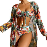 Damen-Bikini-Set mit Bindedetail, High-Waist-Hose und langem Überwurf – Weiß