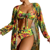 Damen-Bikini-Set mit Bindedetail, High-Waist-Hose und langem Überwurf – Grün