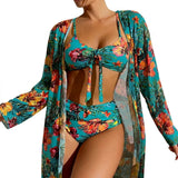 Damen-Bikini-Set mit Bindedetail, High-Waist-Hose und langem Überwurf – Blau