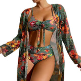 Damen-Bikini-Set mit Bindedetail, High-Waist-Hose und langem Überwurf – Grau