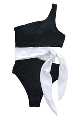 Damen-Bikini-Set mit Ein-Schulter-Oberteil und hoch geschnittener Hose mit Schleifendetail – Schwarz