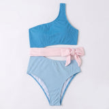 Damen-Bikini-Set mit Ein-Schulter-Oberteil und hoch geschnittener Hose mit Schleifendetail – Hellblau