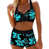 Damen-Bikini-Set mit floralem Muster, Neckholder-Oberteil und Shorts – Schwarz