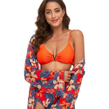 Damen Bikini Set mit floralem Überwurf und V förmigem Metallelement – Orange