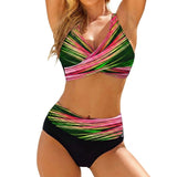 Damen Bikini Set mit Wickeloberteil und hoher Taille – Grün/rosa