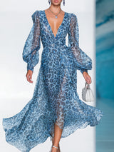 Damen Blaues Maxikleid mit Leopardenmuster und Tiefem V-Ausschnitt mit Ballonärmeln – Blau mit Leopardenmuster