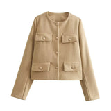 Damen Kurzjacke mit Knopfdetails und geradem Schnitt – Sandbeige