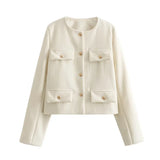 Damen Kurzjacke mit Knopfdetails und geradem Schnitt – Weiß