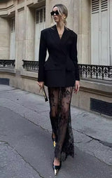 Damen Blazer Rock Set mit Kerbkragen und Doppelreihiger Knopfleiste mit Spitzenrock – Schwarz
