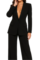 Damen Blazer und Hose Set mit Knopfverschluss – Schwarz