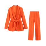 Damen Blazer- und Hosen-Set mit Bindegürtel – Orange